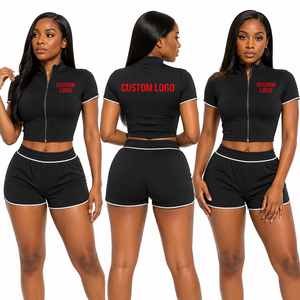 Custom Logo Women's <b>Red</b> 2-Piece Sporty Set Short Sleeve Zip <b>Crop</b> <b>Top</b> With Booty Shorts Breathable Knitted Gym Wear Spring Summer - Product Image 3