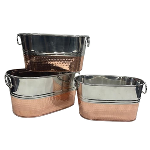 Bulk Insulated Oval Ice Tub Metal <b>Beer</b> Bucket, Two-Tone Copper & Silver Hammered Drinks Cooler for Beverage Catering & Events - Product Image 1