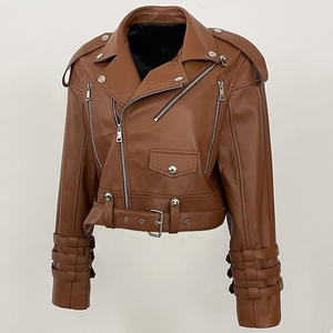 Blouson moto en cuir véritable noir gaufré avec fermeture éclair, manches longues, col ouvert, style court pour femme, automne - Product Image 5