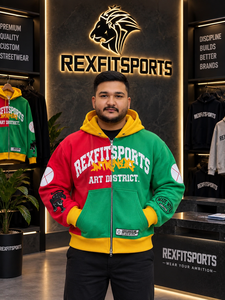 เสื้อฮู้ดสตรีทแวร์ผู้ชาย REXFITSPORTS 2026 แบบซิป สีบล็อก แดง เขียว เหลือง พิมพ์ลายกราฟิก ผ้าฟลีซสั่งทำพิเศษ - Product Image 6