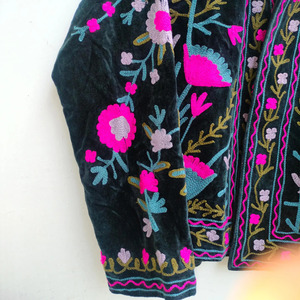 Premium Hand Embroidered Velvet Quilted <b>Jacket</b> Traditional Indian Suzani Style Women Luxury Black Floral Boho Coat Breathable - Product Image 5