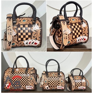 Personalized Tooled Cow Leather Speedy Duffel <b>Bag</b> Western Tan & <b>Black</b> Checkered Large Shoulder Handbags for Travel & Daily Use - Product Image 1