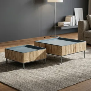 Tables basses gigognes carrées modernes en bois avec plateau et pieds en métal – Style minimaliste pour salon - Product Image 2