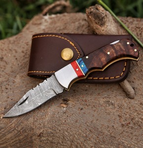 Cuchillo de Acero de Damasco con Punta Caída, Grado Industrial, Mango de Madera, Hoja Recta, Cuchillo Plegable de Combate, 6.5" de Longitud Total - Product Image 3