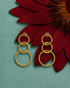 Gold Color Triple <b>Circle</b> Dangle Earrings Textured Hammered <b>Ring</b> Drop Earrings for Fashion Jewelry - Product Image 1