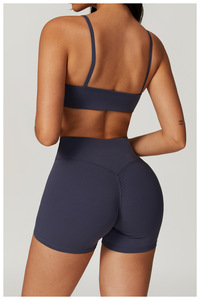 Women Dark <b>Blue</b> Spaghetti Strap Sports <b>Bra</b> High Waist Shorts 2 Piece Set Seamless Breathable Yoga Activewear - Product Image 5