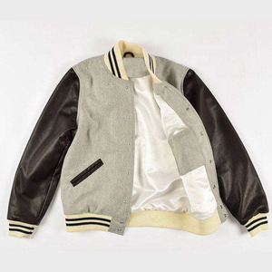 Veste varsity grise pour homme avec manches en cuir, col rabattu, fermeture à boutons, style décontracté, vêtement d'automne - Product Image 5