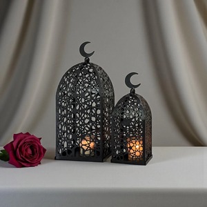 Ensemble de lanternes décoratives portables en fer forgé noir en forme de croissant de lune, étanches, faites à la main, en cuivre, pour le Ramadan et l'Aïd Moubarak - Product Image 4