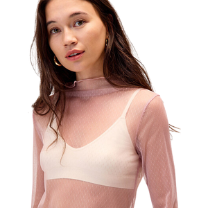 Chemisier à col montant en maille transparente pour femme, à manches longues, uni, ajusté, à superposer, avec ourlet festonné, transparent, pull quotidien, chemise tendance - Product Image 6