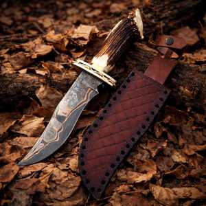 Cuchillo de caza Drop Point con hoja de acero de Damasco y mango de asta de ciervo, cuchillo de supervivencia para exteriores - Product Image 3