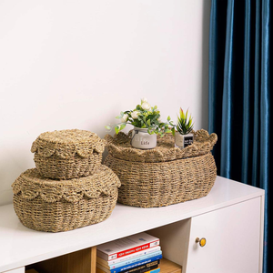 Cestas de Almacenamiento de Estilo Vintage de Mimbre Marino con Tapas, Cajas Organizadoras Tejidas Naturales con Bordes Festoneados, Solución Ecológica - Product Image 2