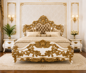 Juego de Dormitorio de Madera de Teca Hecho a Mano Estilo Turco con Acabado en Blanco y Dorado, Compre Cama King Size con Mesitas de Noche, Muebles Premium para el Hogar - Product Image 5