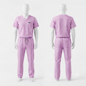 Ensemble de blouses médicales unisexe imprimées, en tissu Dobby polycoton 180 GSM de qualité supérieure, avec technologie de détection des éclats et thermocollage sans couture, couleur violet, personnalisable - Product Image 1