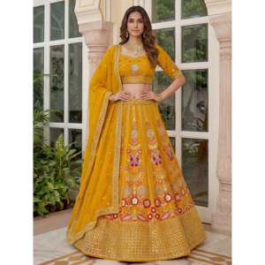 Alluring Yellow <b>Sequins</b> Georgette Wedding Lehenga Choli for Women - Product Image 6