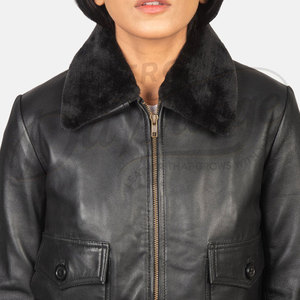 Women Black Real Leather <b>Bomber</b> <b>Jacket</b> With Faux Fur Collar Slim Fit Premium Sheepskin Casual Winter Biker Outerwear Coat - Product Image 6