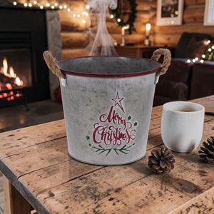 Vintage Metal Christmas Bucket With Rope Handles Merry Christmas <b>Tree</b> Design Decorative <b>Planter</b> - Product Image 2