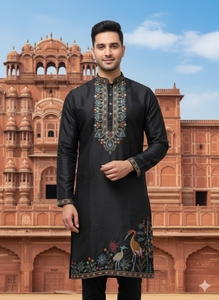 <b>Men's</b> Black Embroidered <b>Kurta</b> With Bird Floral Design Traditional Indian Pakistani Wedding Wear Regular Fit Ankle-Length Silk - Product Image 3