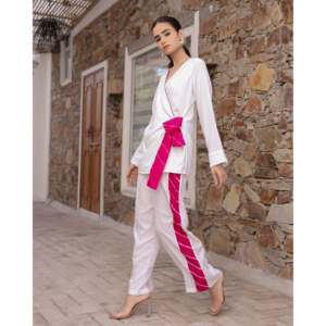 Women's Wels XS Size White Leheriya Stripe Woven <b>Cord</b> 2-Piece Long Sleeve Lounge Wear Soft - Product Image 4