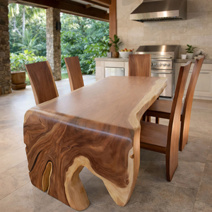 Table à manger en bois de Suar naturel, de qualité export, moderne, écologique, avec courbes artistiques en cascade, banc en bois massif, vente en gros, sur mesure - Product Image 4