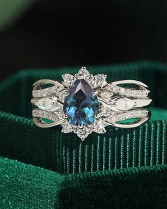 925 <b>Sterling</b> <b>Silver</b> Hip Hop Style Pear Cut Tear Drop Alexandrite 18K Gold Plated Wedding Band <b>Ring</b> <b>Set</b> - Product Image 4