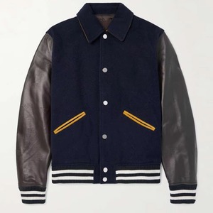 Veste de sport marine pour homme avec manches en cuir, col rabattable, fermeture éclair, style décontracté, couleur unie, coupe classique, idéale pour l'automne - Product Image 2