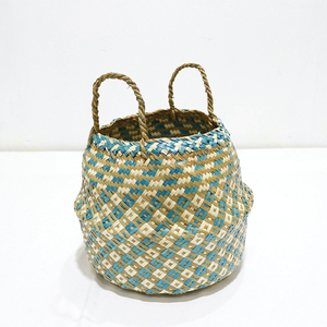 Panier de rangement rond en feuille de palmier naturelle, durable et tendance, écologique, bleu, panier à linge, sac tissé à la main - Product Image 6