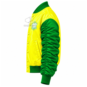 Chaqueta universitaria de mujer Chi Eta Phi Sorority con bloques de color, letras griegas, botones frontales y mangas abullonadas fruncidas, estilo bomber. - Product Image 3