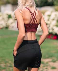 Women Solid Color Knitted Sport Shorts With Pockets Drawstring Waist Breathable Mid Rise Regular Fit Black - Product Image 6