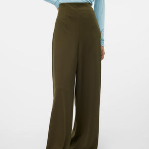 Pantalon long taille haute pour femme, coupe large évasée, en coton et lin, pour le bureau - Product Image 5