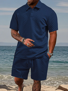 Wholesale Summer Turn <b>Down</b> Collar 2pcs Set Solid Color Short Sleeve Short <b>Pants</b> Men's Outdoor Casual Suit - Product Image 3