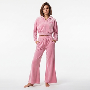 Ensemble de survêtement tendance en velours pour femme : sweat à capuche court à manches longues et épaules tombantes avec fermeture éclair intégrale et pantalon de jogging évasé taille haute à jambes larges - Product Image 4