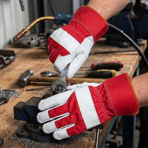 Gants de travail en cuir de vachette grainé de qualité supérieure, résistants à la chaleur, anti-vibrations, dos rouge, doublure en tissu de coton perforé, manchette caoutchoutée de sécurité - Product Image 4