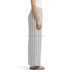 Women's Palazzo <b>Pants</b> Wide Leg Mid Waist Striped Drawstring Custom OEM Wholesale - Product Image 3