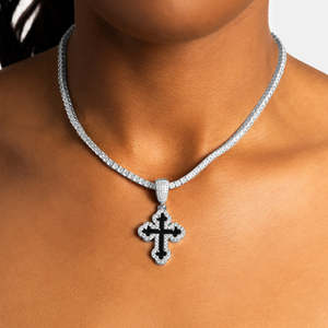 Luxury <b>Black</b> Enamel Iced Out Cross Pendant Necklace | White Gold Christian Cross Necklace with Stones | Hip Hop Religious - Product Image 2