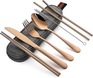 Ensemble de couverts en acier inoxydable plaqué or rose avec couteau, fourchette, cuillère, baguettes, kit d'ustensiles de voyage - Product Image 1