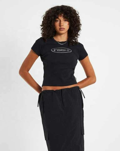 OEM Custom <b>Rhinestone</b> Ladies Breathable Casual Cotton Color Crop <b>Top</b> Women Short Sleeves T-Shirts - Product Image 3