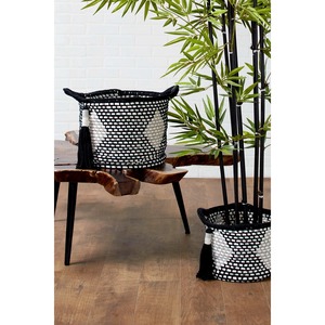 Elegant Set Of 2 Black Macrame <b>Baskets</b> Different Sizes For Clothes Storage Kitchen Grocery And Interior Styling From India - Product Image 3