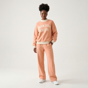 Wholesale Heavyweight Cotton Fleece 2 Piece Loungewear Set <b>Khaki</b> High Neck Pullover Varsity Print Sweatshirt Wide Leg Trousers - Product Image 3