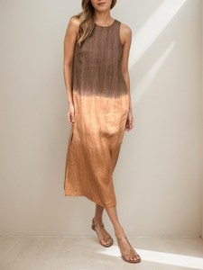 Women Ombre Cotton Linen Midi <b>Dress</b> Sleeveless Straight Fit Casual <b>Summer</b> <b>Dress</b> Side Slit Minimalist Elegant <b>Dress</b> - Product Image 2