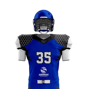 Ensemble d'uniformes de football américain en gros, bleu et noir, col en V, manches courtes, anti-humidité, impression par sublimation, maillot et pantalon pour adulte, avec LOGO - Product Image 5