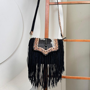 กระเป๋าสะพายพาดลำตัวโบฮีเมียนวินเทจโบฮีเมียนของผู้หญิงกระเป๋าสะพายไหล่หนังวัวประดับพู่ - Product Image 4