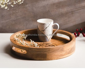Artisanat de qualité supérieure gravé forme ronde plateau de service en bois pour la maison cuisine gâteau jus désert servant plateau de nourriture - Product Image 2