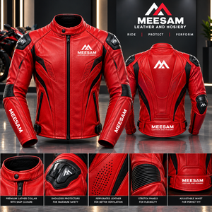 Chaqueta de Motociclista de Cuero para Hombre, con Bloques de Color Negro, Naranja y Blanco, Perforada - Product Image 6
