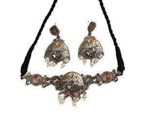 Conjunto de gargantilla de plata oxidada de dos tonos con piedra rosa |   Collar de Gargantilla Tribal Indio |   Joyería Boho de Estilo Distintivo |   Joyería Étnica para Bodas - Product Image 1