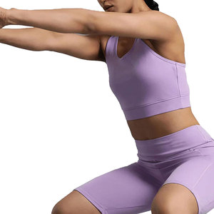 Ensemble soutien-gorge de sport sans couture pour femme, violet, col en V, dos nageur, tenue de yoga et de sport, soutien moyen, leggings taille haute, couleur unie, extensible - Product Image 1