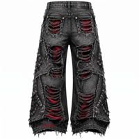Jean déchiré respirant pour homme, noir délavé, coupe large, avec empiècements contrastants rouges, imprimé denim, OEM