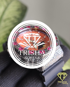 Reloj de Plata de Ley 925 con Incrustaciones de Diamantes Moissanite, Esfera Naranja Intensa y Bisel con Gema de Corte Esmeralda Rosa - Product Image 4