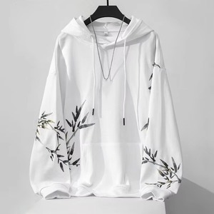 เสื้อฮู้ดปักลายใบไผ่สไตล์จีนผ้าฝ้าย 100% แบบสั่งทำพิเศษสำหรับผู้ชาย เสื้อฮู้ดสวมหัวเรียบง่ายสำหรับฤดูใบไม้ผลิ - Product Image 5