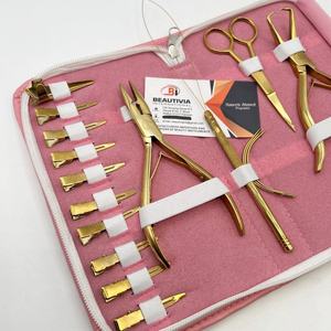 Kit d'outils pour extensions de cheveux en acier inoxydable doré au plasma, avec micro-perles, pince de pose et de retrait, étui rose et LOGO - Product Image 3