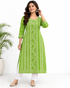 Kurti indien exclusif en georgette Chikankari – Robe longue ethnique de créateur, vert lime, brodée de motifs floraux et paisley - Product Image 1